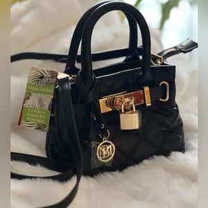 Badgley Mischka mini quilted tote with front lock.